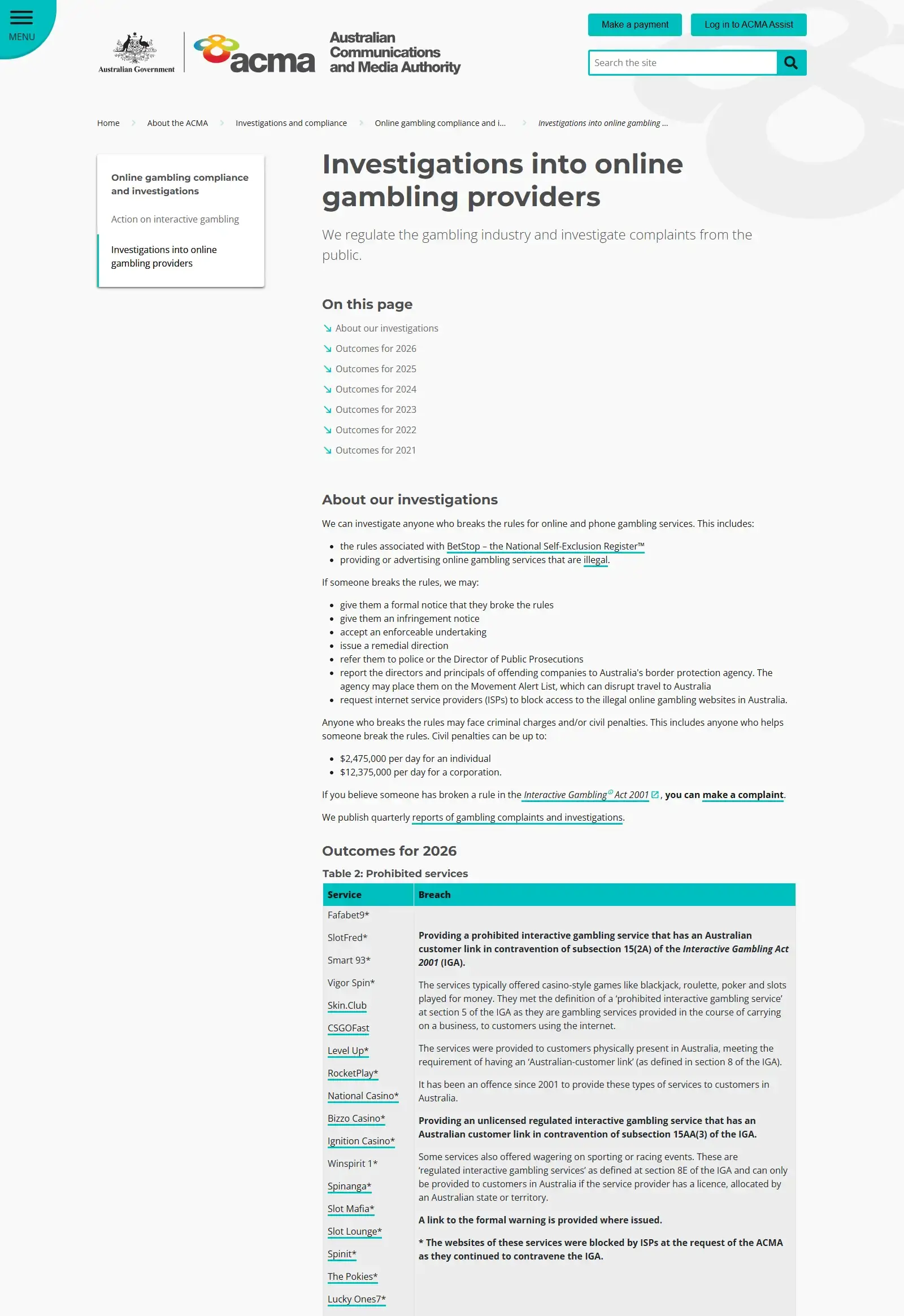 ACMA investigations page listing Bizzo Casino among prohibited online gambling services