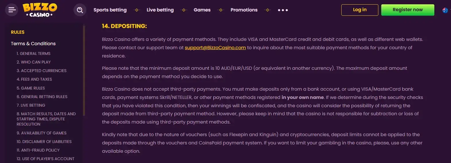 Bizzo cashier showing Australian payment methods and funding options