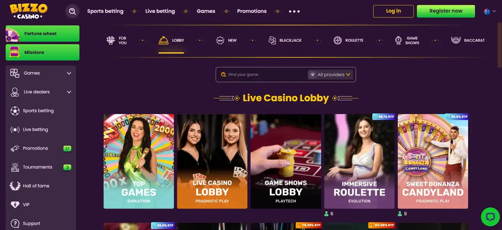 Bizzo Casino game lobby showing category navigation, provider filters and game search