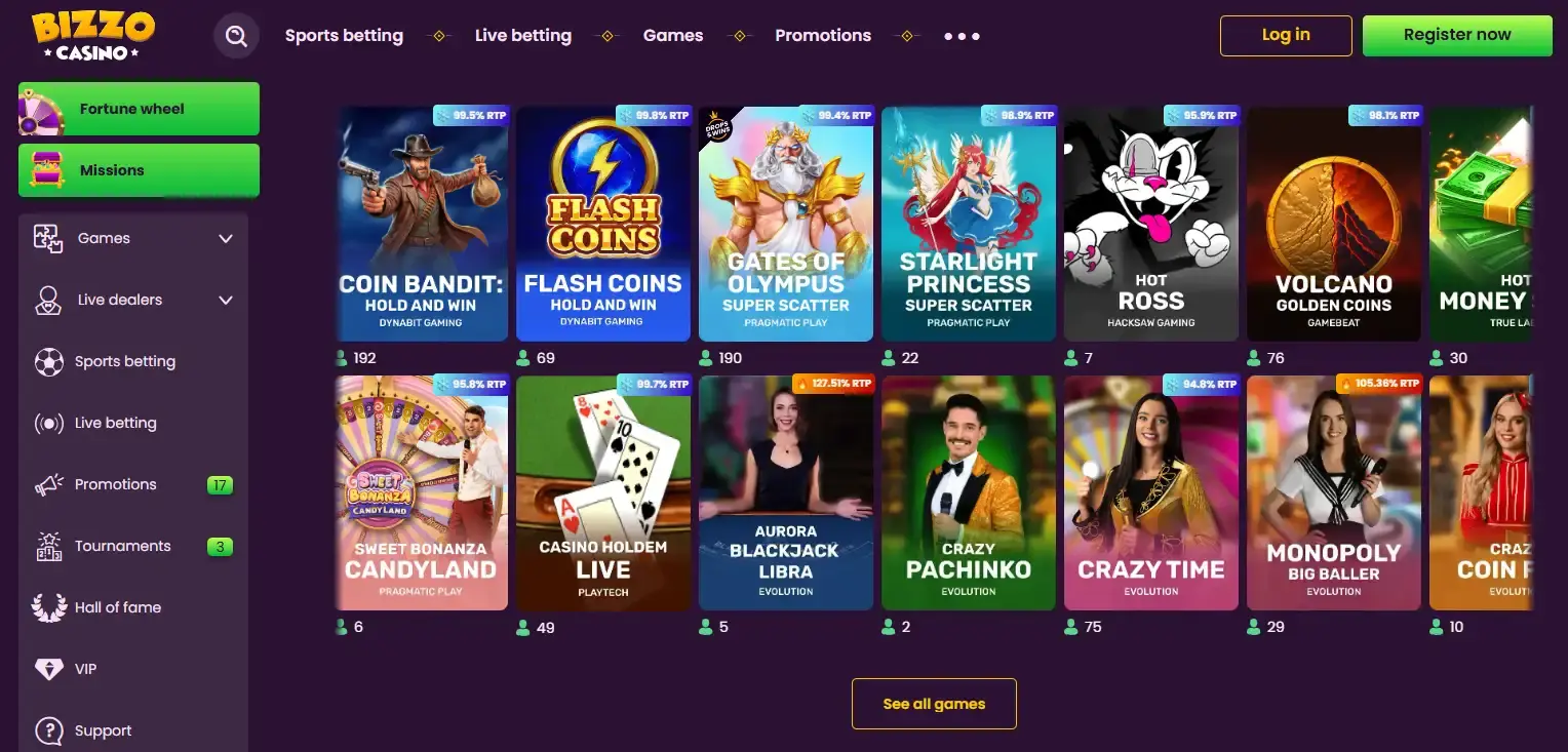Bizzo Casino official website interface showing navigation and game discovery