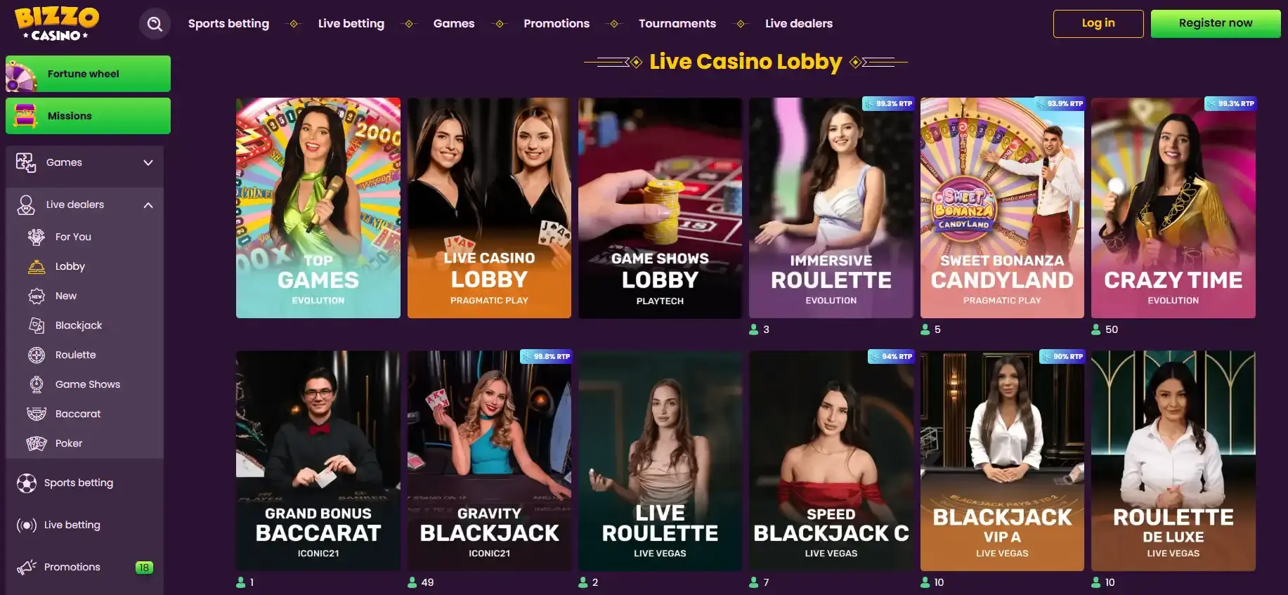 Bizzo live casino lobby showing live dealer categories and table browsing