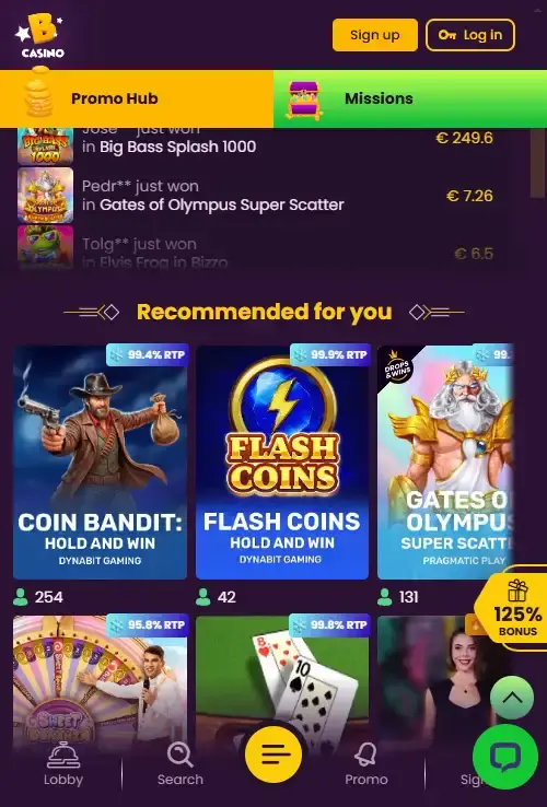 Bizzo mobile browser or PWA home screen on a smartphone