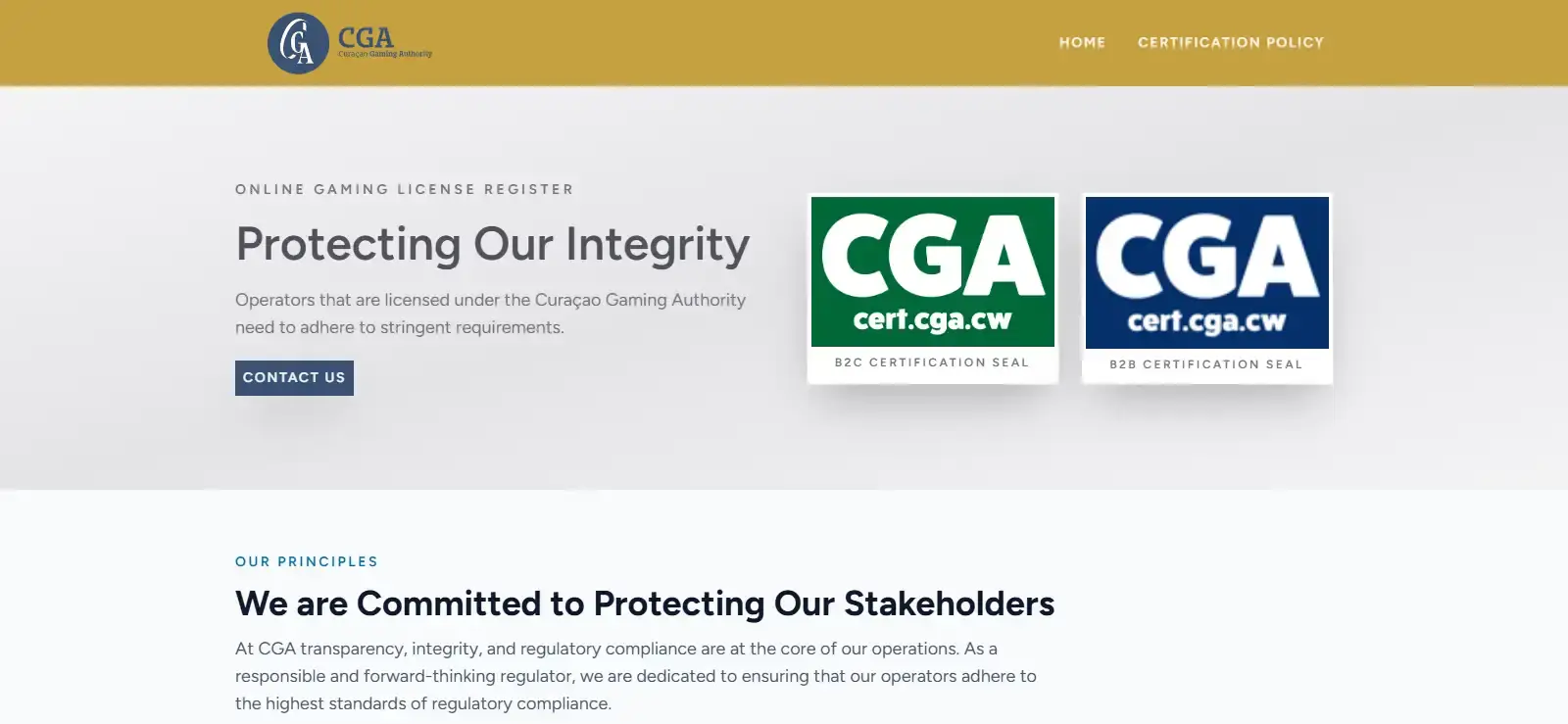 Curaçao Gaming Authority certificate covering bizzocasino.com
