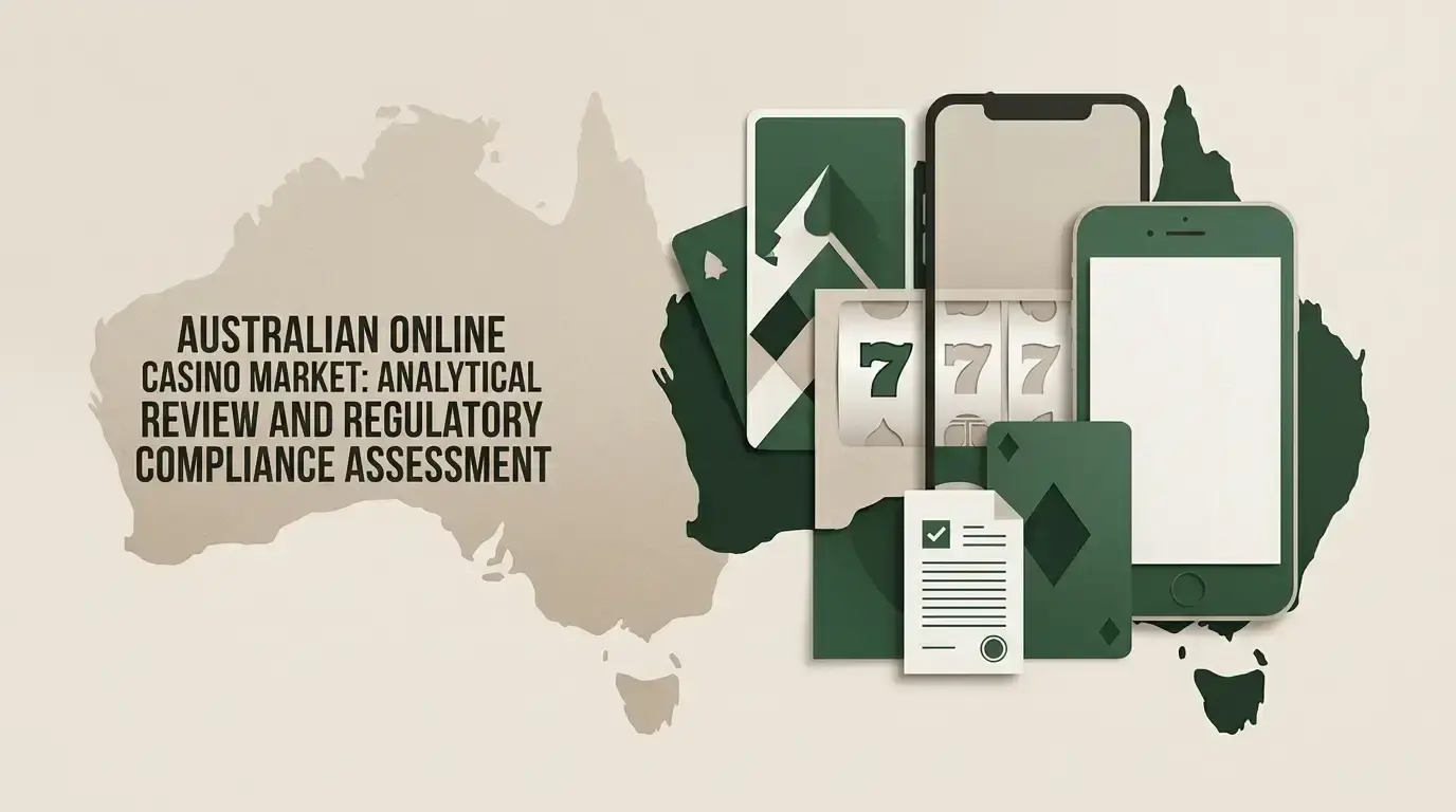 Editorial illustration combining Australian, casino, mobile and compliance themes without casino branding